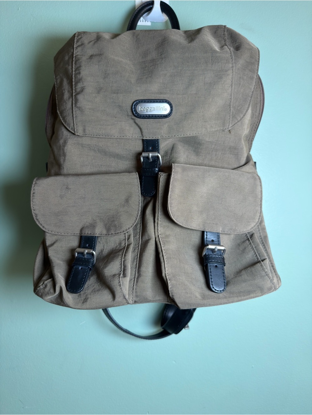 Baggallini Tan Canvas Backpack with Black Trim